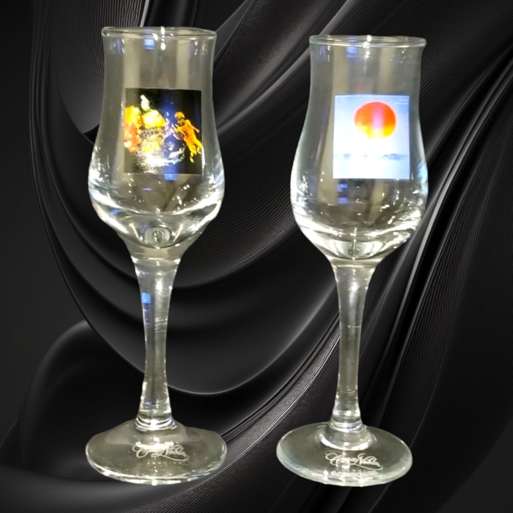 1 Vtg Set Of 2 Casa Noble Tequila Shot Glasses. Santana & Caravanserai. Signed